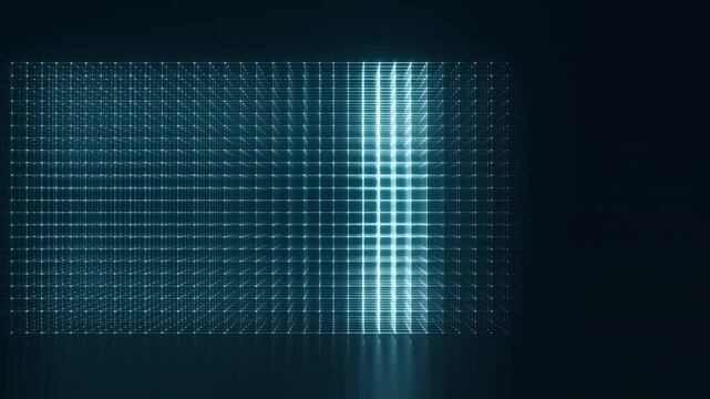 Glowing geometric wireframe grid with a bright light sweep passing left to right, abstract technology transition on dark background