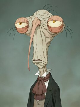 Peculiar alien creature wearing a suit and cravat