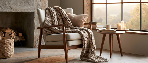 Fototapeta premium Hyggeinspired living nook evokes warmth and slow living chunky knit throw draped over a woodframe armchair, candles glowing beside stacked books, stone fireplace and golden forest view.