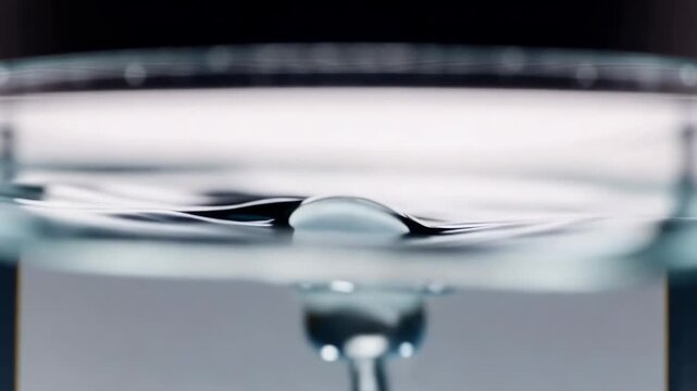 Close-up sequence of water droplet forming and falling into a clear glass container filled with liquid, showcasing the dynamic interaction of water and air