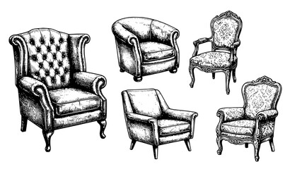 Obraz premium Antique Vintage Chesterfield Leather Armchair Collection Hand Drawn Vector