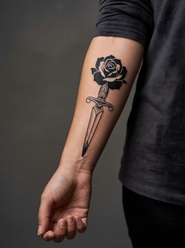 Person with Rose and Dagger Tattoo on Forearm - Close-Up Photograph