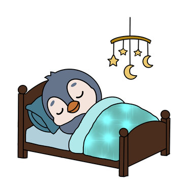 Cutecartoon penguin sleeping deeply in bed with a baby mobile hanging above, bedtime sweet dreams illustration