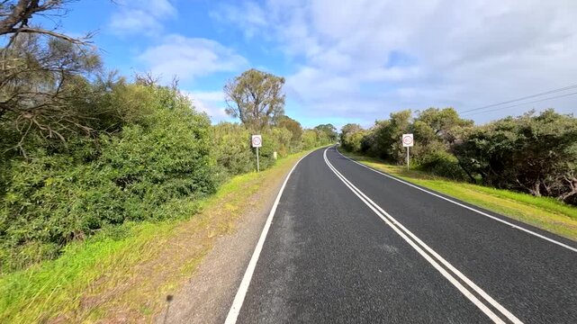 Driving Along a Scenic Country Road Past Green Trees and Road Signs