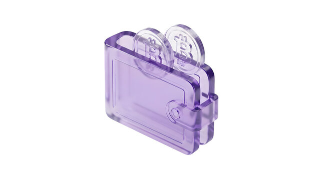 Crypto wallet icon with digital coins. 3D rendered purple glass wallet showing virtual currency symbols. Isolated on transparent background