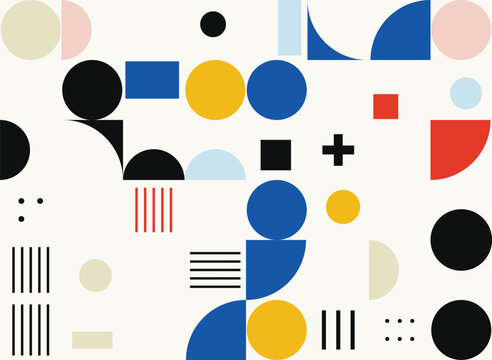 Modern bauhaus inspired geometric composition with primary colored circles and rectangles