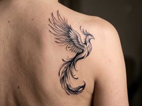 Person with Large Phoenix Tattoo on Back - Detailed Photograph