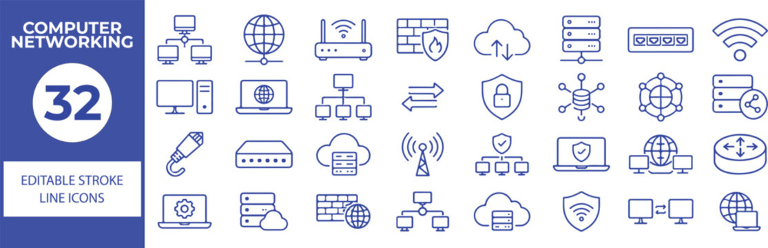 32 Computer Networking Vector Outline Icons Set,Network, Internet, Router, Server, WiFi, Cloud, Security and Data Communication Line Symbols