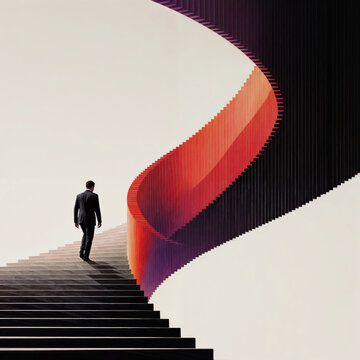 Businessman Walking Up Endless Winding Staircase
