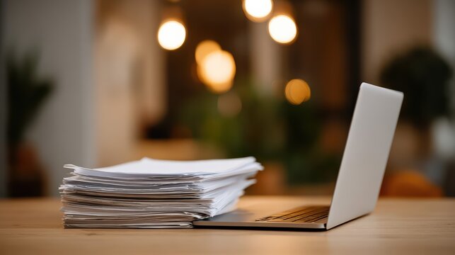 A large stack of paperwork sits beside a sleek laptop displaying a clean spreadsheet. This photorealistic scene highlights the shift from paper documents to digital workflow.