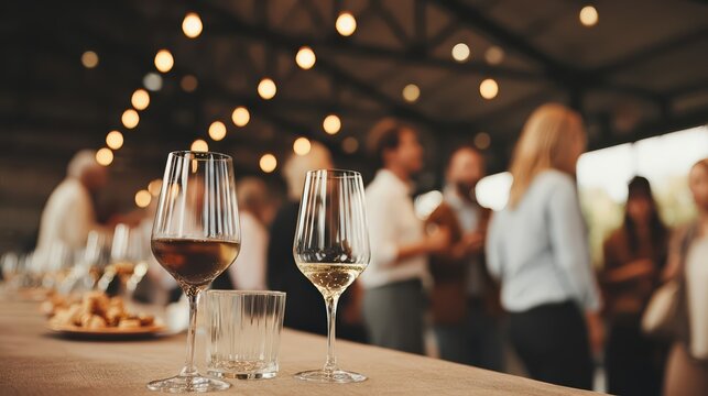Upscale cocktail reception featuring gourmet finger foods and elegant wine glasses. Warm lighting and blurred guests create a cinematic, luxurious event scene.