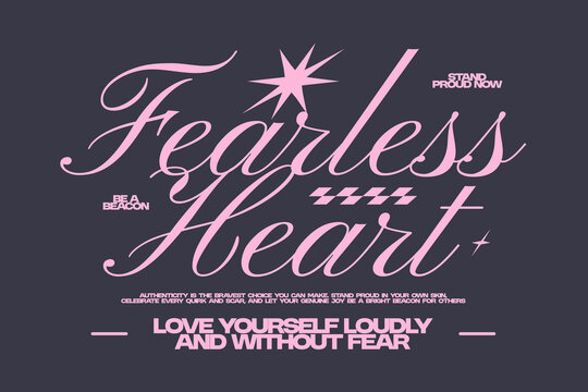 Fearless heart, Aesthetic typography quote for t-shirt print, Lettering t-shirt design, Motivation quotes, poster design, Modern retro style, Vector art graphic tees clothing brand. 