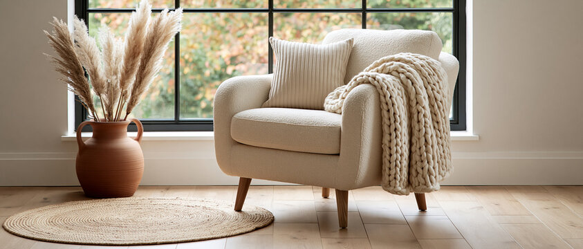 Hygge inspired reading nook featuring a cream boucle armchair draped with a chunky knit blanket. Warm neutral tones, pampas grass, and jute rug evoke effortless Scandinavian comfort for.