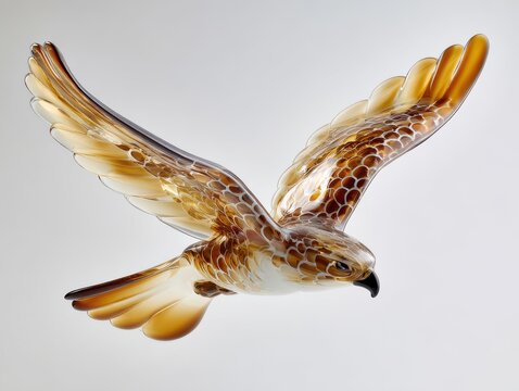 Stunning Artistic Glass Sculpture Of A Flying Hawk With Amber And White Details On Light Background