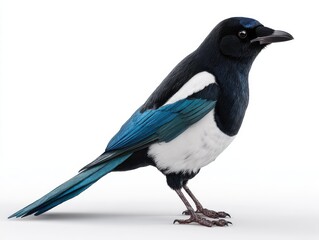 Obraz premium Stunning Eurasian Magpie With Iridescent Blue And Black Plumage Against A Clean White Background