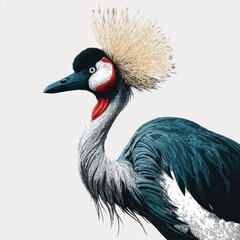 Fototapeta premium Stunning Grey Crowned Crane Profile With Golden Crest Feathers On Isolated Clean White Background