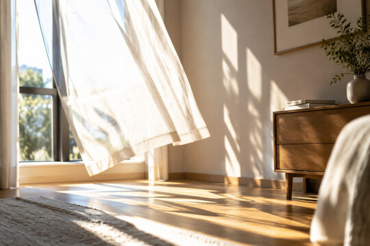 Sunlit interior with sharp shadows from an opened curtain.