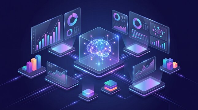 Artificial intelligence data visualization, futuristic digital brain in glass cube, isometric business analytics dashboard with glowing charts 4K