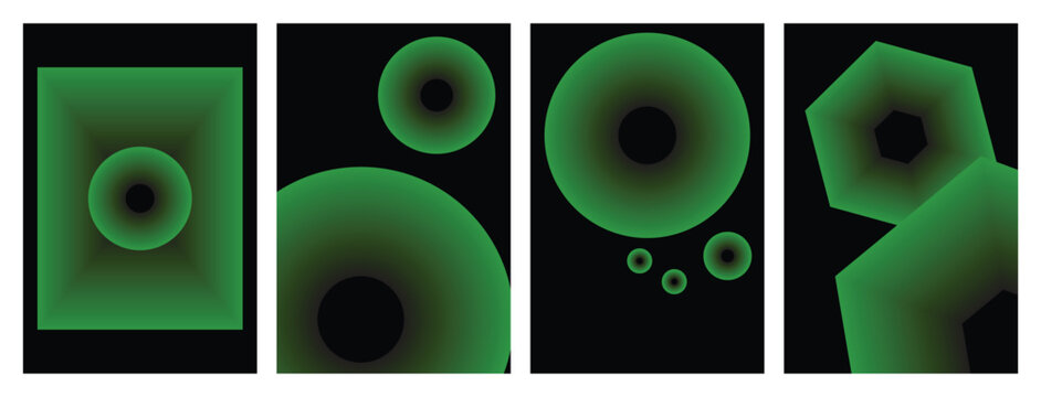 Set of Abstract Geometric Posters with Green Gradient Blend Effect on Black Background, Modern Minimalist Vector Cover Design Layouts