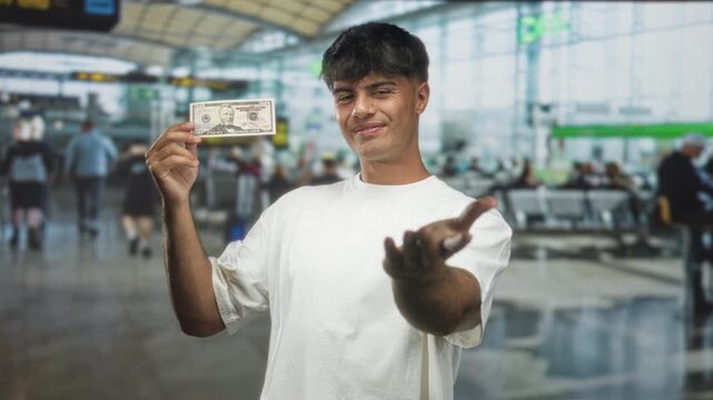 Man holding five dollar bill in outstretched hand showing it at an airport terminal; generosity playful.