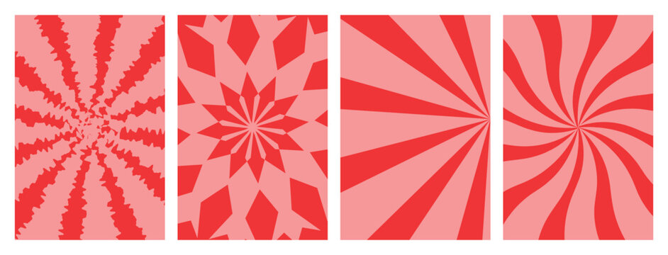 Retro Red and Pink Sunburst Poster Set with Swirling Rays and Geometric Starburst Backgrounds