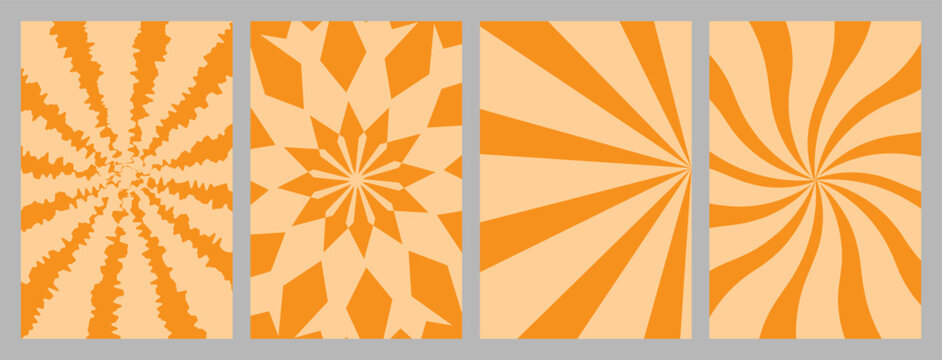 Retro Orange Sunburst Background Set with Radial Rays and Swirling Geometric Patterns