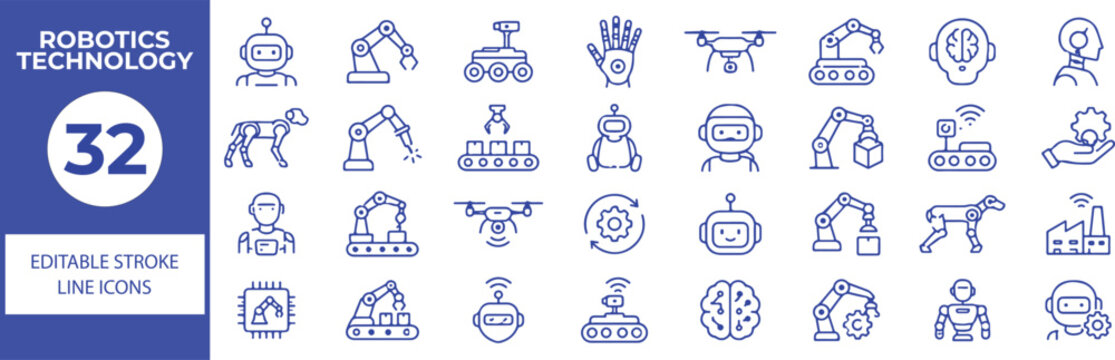 32 Robotics Technology Vector Outline Icons Set,Robot, Robotic Arm, Drone, AI, Automation, Industrial Robot and Smart Machine Line Symbols