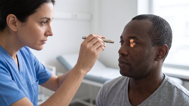 Doctor examining patient's eye with ophthalmoscope in examination room