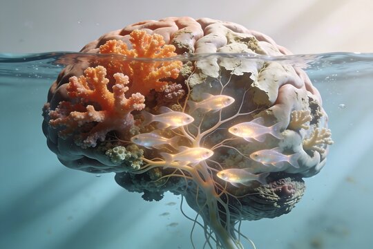 A human brain transforms into a coral reef with fading and healthy sections symbolizing emotional resilience and inner healing