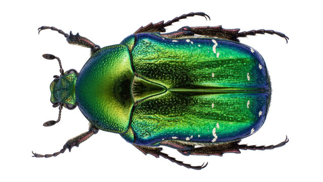 Iridescent green scarab beetle with metallic sheen, isolated on transparent background