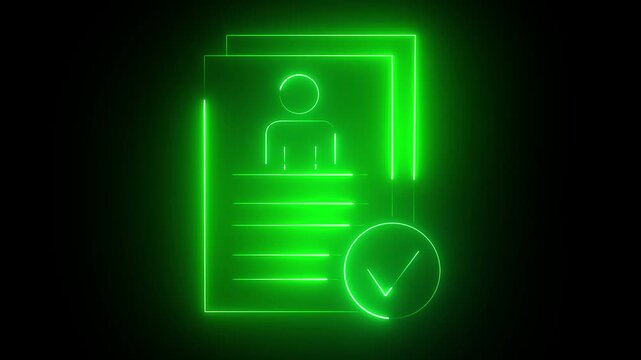 Glowing neon line icon isolated on black background. Symbol of confirmation of personal data or id card, cv concept. 4K video animation graphics