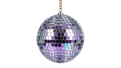 Fototapeta premium Purple disco ball with mirrored squares hanging by a gold chain, isolated on transparent background
