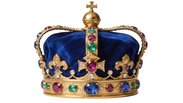 Ornate golden crown with blue velvet and colorful gemstones, isolated on transparent background