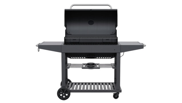 Charcoal barbecue grill with open lid and side shelves, isolated on transparent background