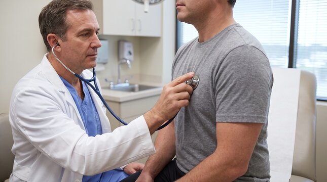 Doctor examines patient's chest with stethoscope in medical exam room examination