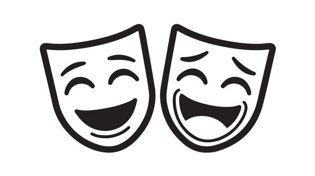 Minimalist vector graphic illustration of happy theatrical comedy masks featuring bold black outlines and clean expressive facial feature design elements