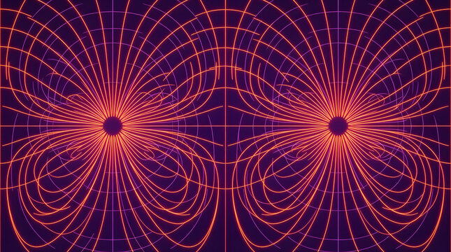 Abstract neon orange and purple electromagnetic dipole field lines vector background for physics science technology concepts.