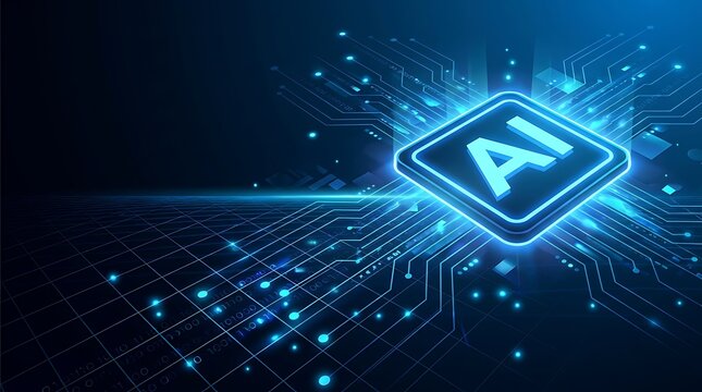 Futuristic ai technology concept with glowing digital chip and data grid background