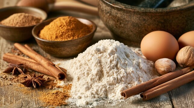 Cooking ingredients on a wooden table for baking sweets at home