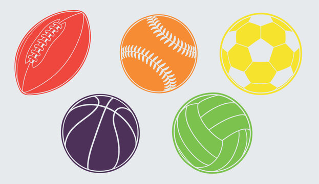 Colorful collection of popular sports balls including American football, baseball, soccer, basketball and volleyball. Vector set for sports, fitness, competition and team game designs.