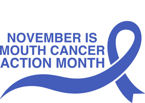 Blue awareness ribbon symbol, november is mouth cancer action month typography, flat vector illustration, for medical health campaign print materials.