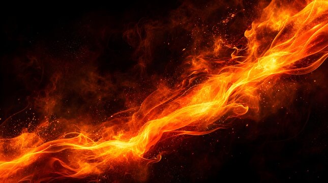 Abstract background featuring a bright flowing stream of fire and glowing embers against a dark black backdrop