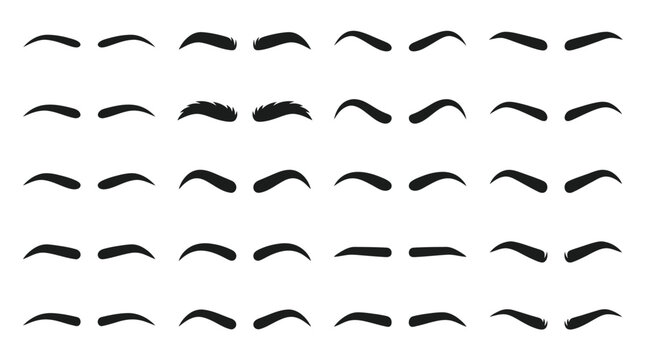 Diverse sets of black eyebrows vector graphic design elements featuring various shapes and artistic styles collection