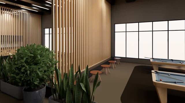 Modern Office Building. Minimalist Office Break Room with Wood Interior, Billiard Table and Lounge Area