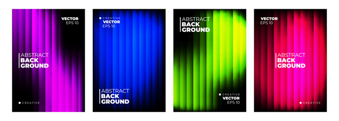 Fototapeta na wymiar Set of Abstract Backgrounds with Ripple Glass Effect. Smooth fluted lines and bright color blurred gradients for modern creative graphic design. Vector illustration.