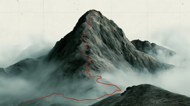Mountain path leads to peak surrounded by clouds and mist during the day