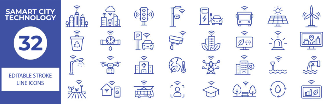 32 Smart City Technology Vector Outline Icons Set,IoT, Smart Home, Solar Energy, Electric Vehicle, Drone, Transportation and Urban Infrastructure Line Symbols