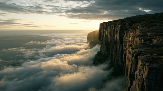 Sunrise over cliffs with clouds below in a scenic landscape