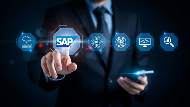 SAP enterprise software integration, businessman touching digital ERP system icons, corporate business technology management 4K