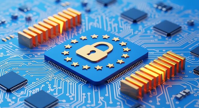 Gdpr compliance concept with a padlock icon surrounded by stars on a blue computer processor chip representing european data privacy regulations
